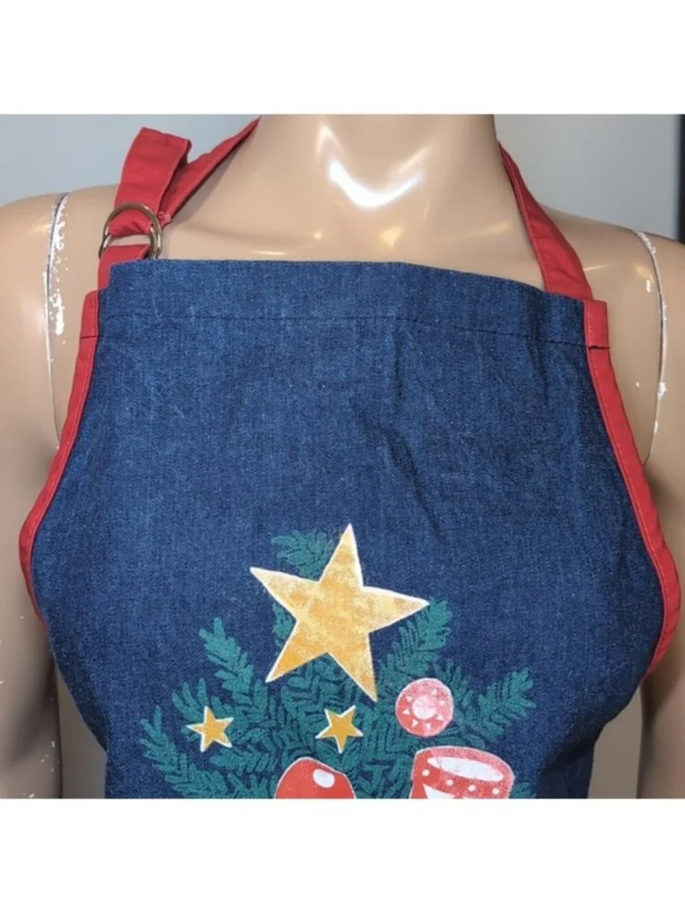 Hatley Festive Denim Apron Christmas Tree Pocket Kitchen Cooking Baking Blue